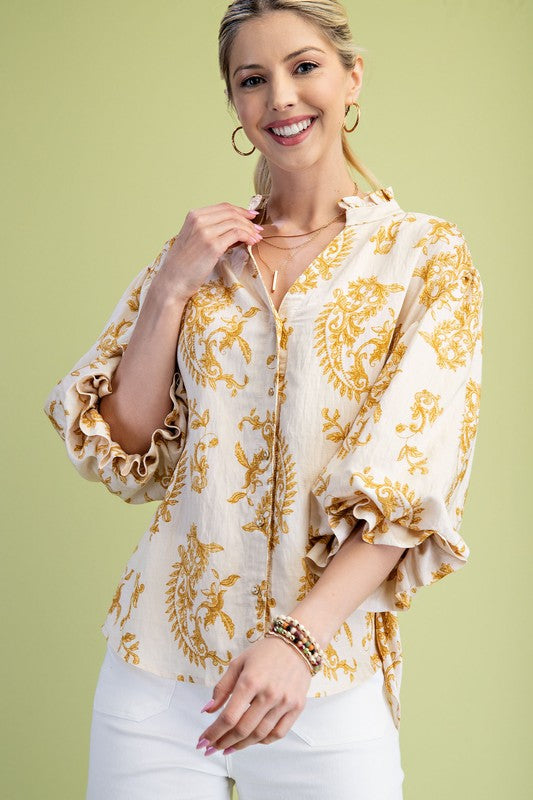 Botton Down Blouse With 3/4 Length Balloon Sleeves