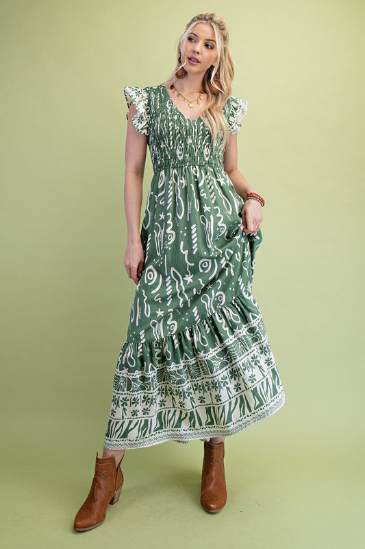 Mixed Print V-neck Midi Dress