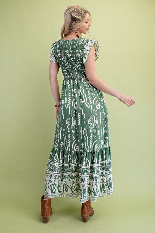 Mixed Print V-neck Midi Dress
