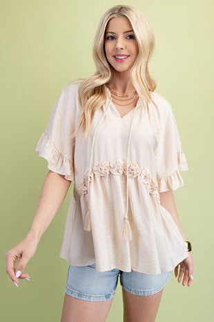 Tassel Neck Tie Short Sleeve Top