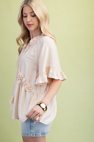 Tassel Neck Tie Short Sleeve Top