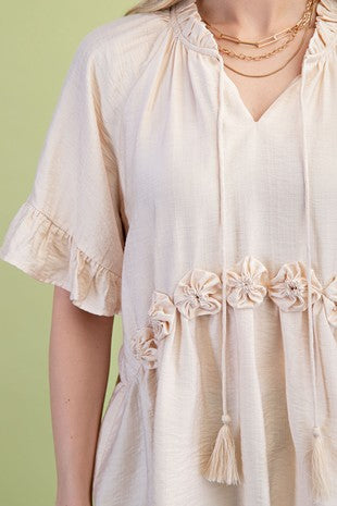 Tassel Neck Tie Short Sleeve Top