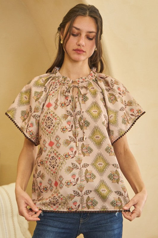Aztec Printed Flutter Sleeve Blouse