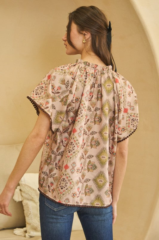 Aztec Printed Flutter Sleeve Blouse