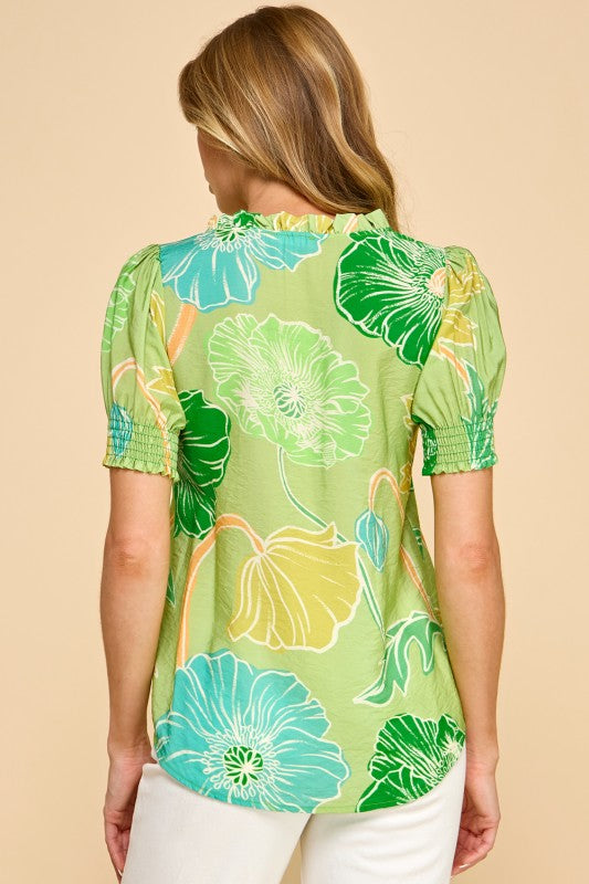 Ruffled V Neck Floral Printed Top