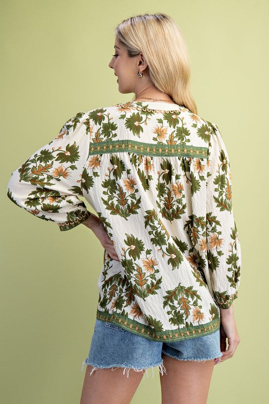 Floral Fall Print 3/4 Length Sleeve Blouse