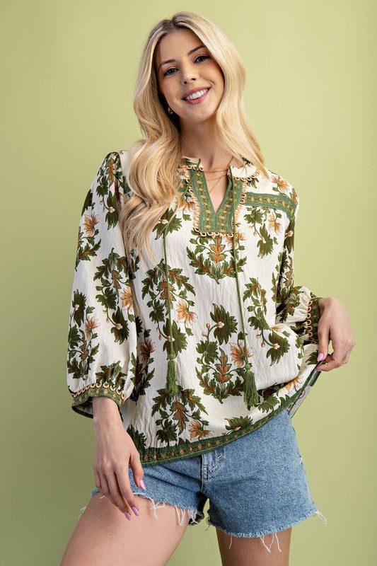 Floral Fall Print 3/4 Length Sleeve Blouse