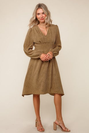 Pleated Detail Fully Lined Leopard Dress