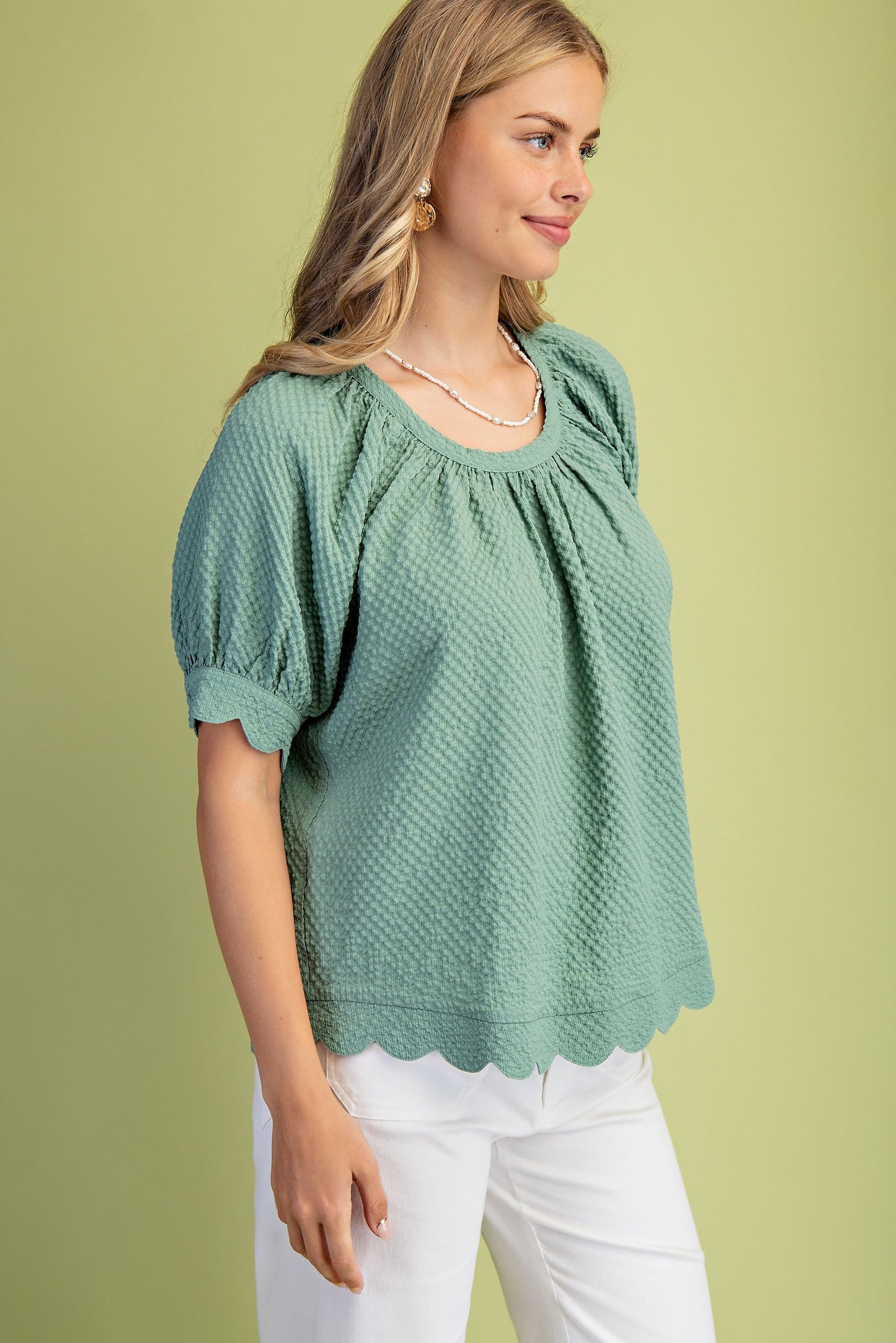 Mint Textured Round Neck Blouse