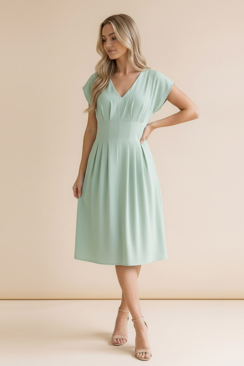 Sage V Neck Smocked Waist Dress