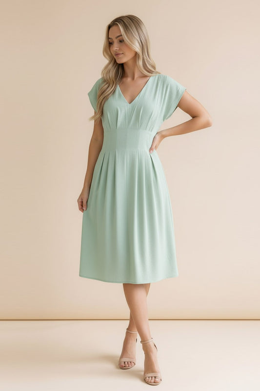 Sage V Neck Smocked Waist Dress