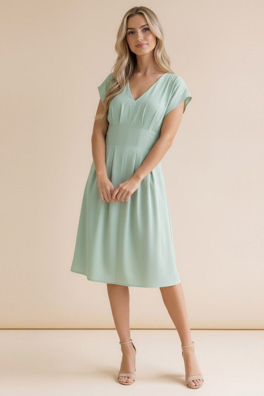 Sage V Neck Smocked Waist Dress