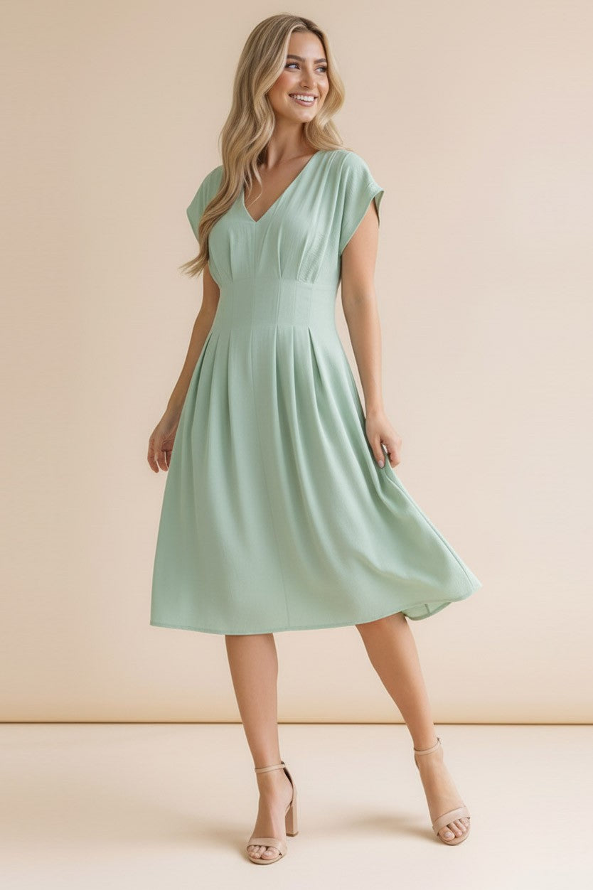 Sage V Neck Smocked Waist Dress