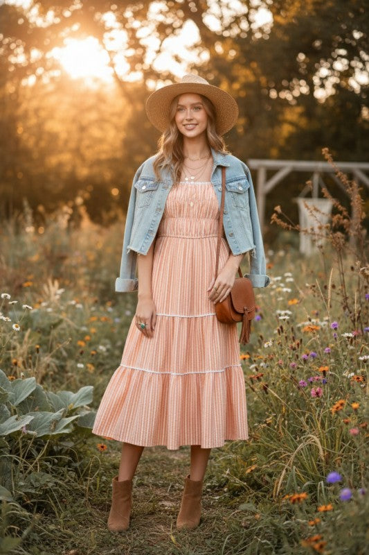 Coastal Breeze Striped Smocked Midi Dress