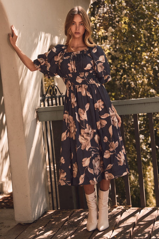 Navy Floral Smocked Waist Midi Dress