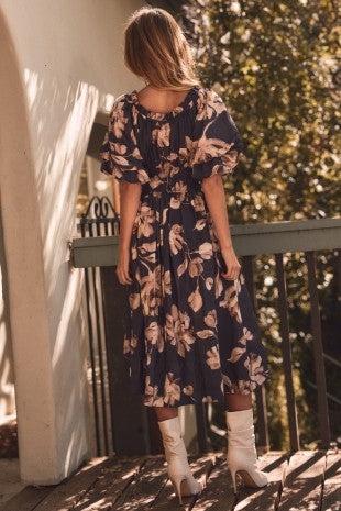 Navy Floral Smocked Waist Midi Dress
