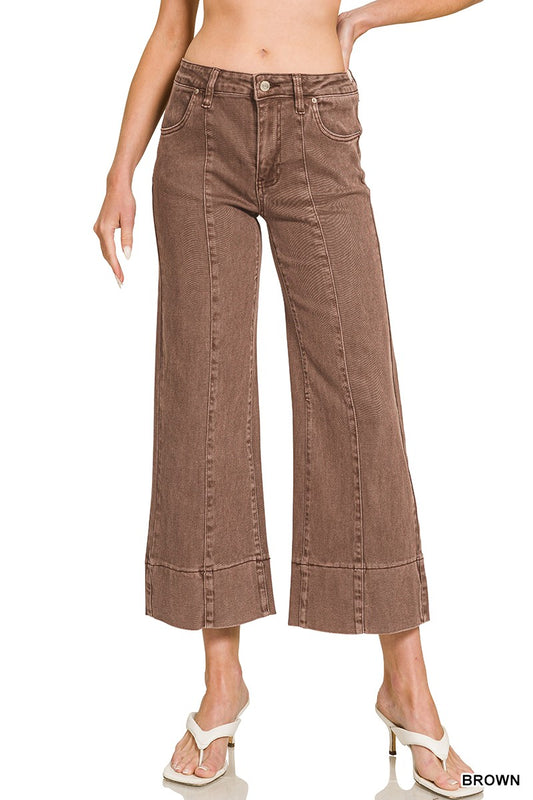Mid Rise Wide Leg Cropped Color Denim Pants