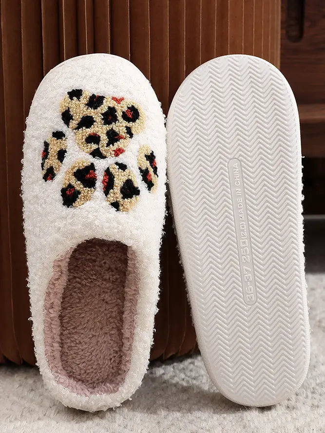Leopard Cat Paw Pattern Knit Plush Slippers