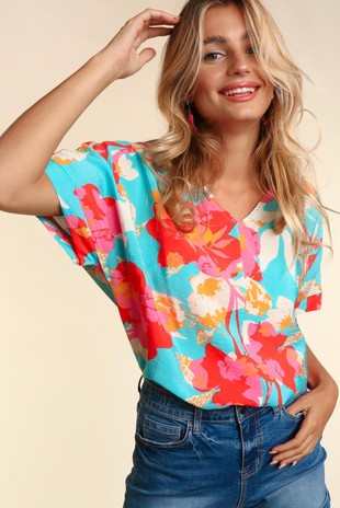 Drop Shoulder Dolman Banded Floral Woven Top