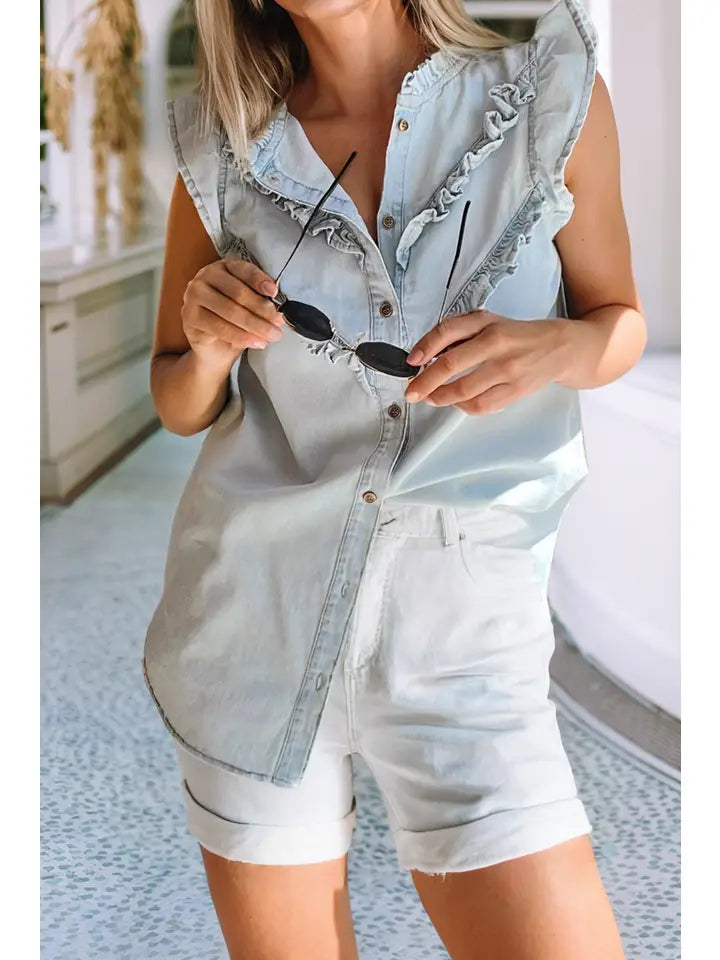Mineral Wash Cap Sleeve Denim Shirt
