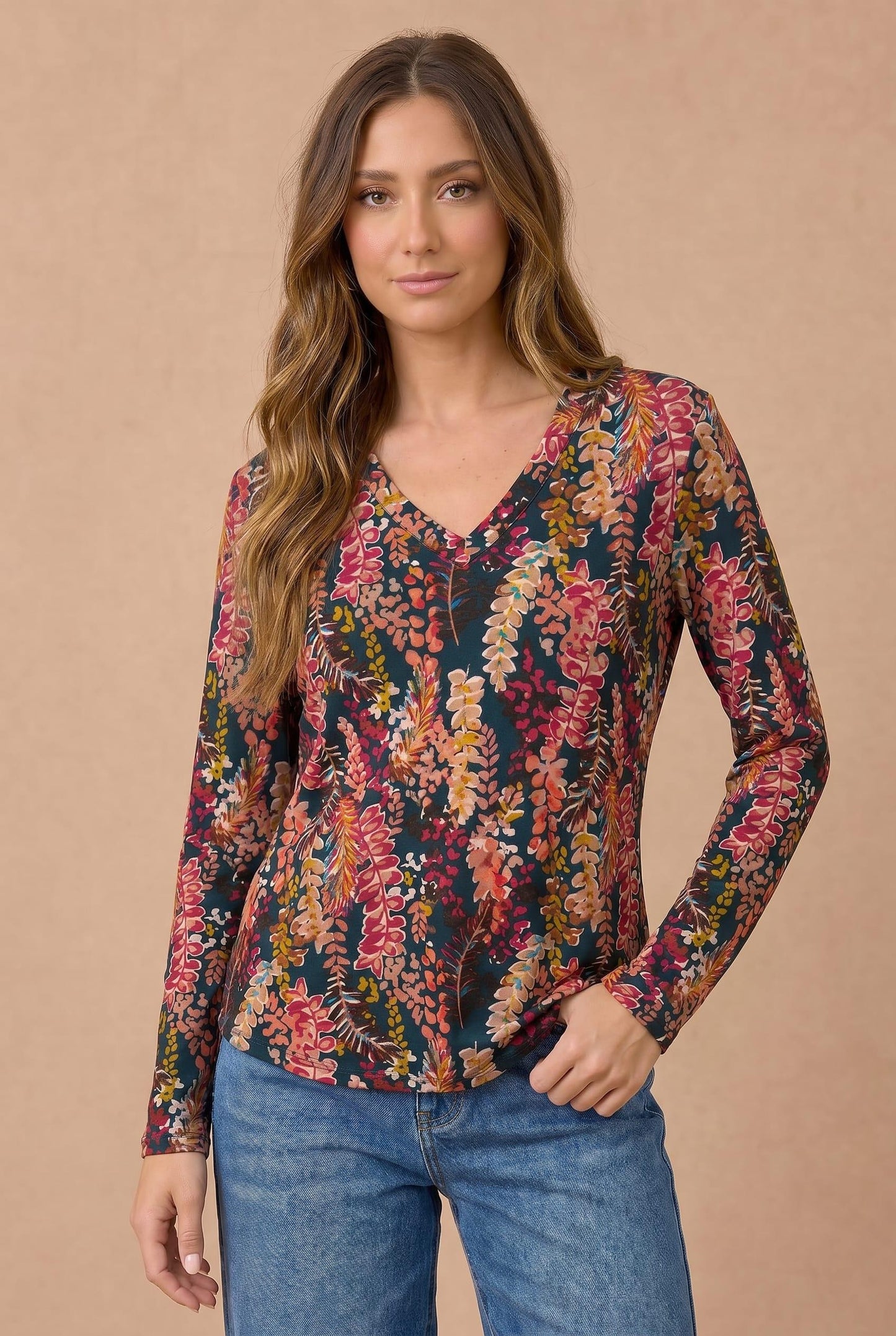 V Neck Banded Long Sleeve Soft Knit Top