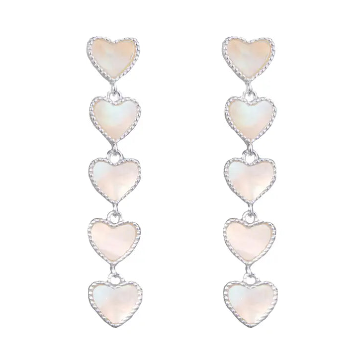 Mother of Pearl Five Heart Drop Earrings - Silver