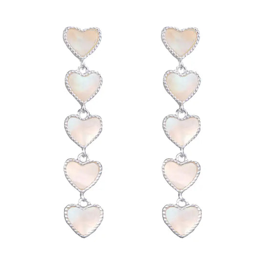 Mother of Pearl Five Heart Drop Earrings - Silver