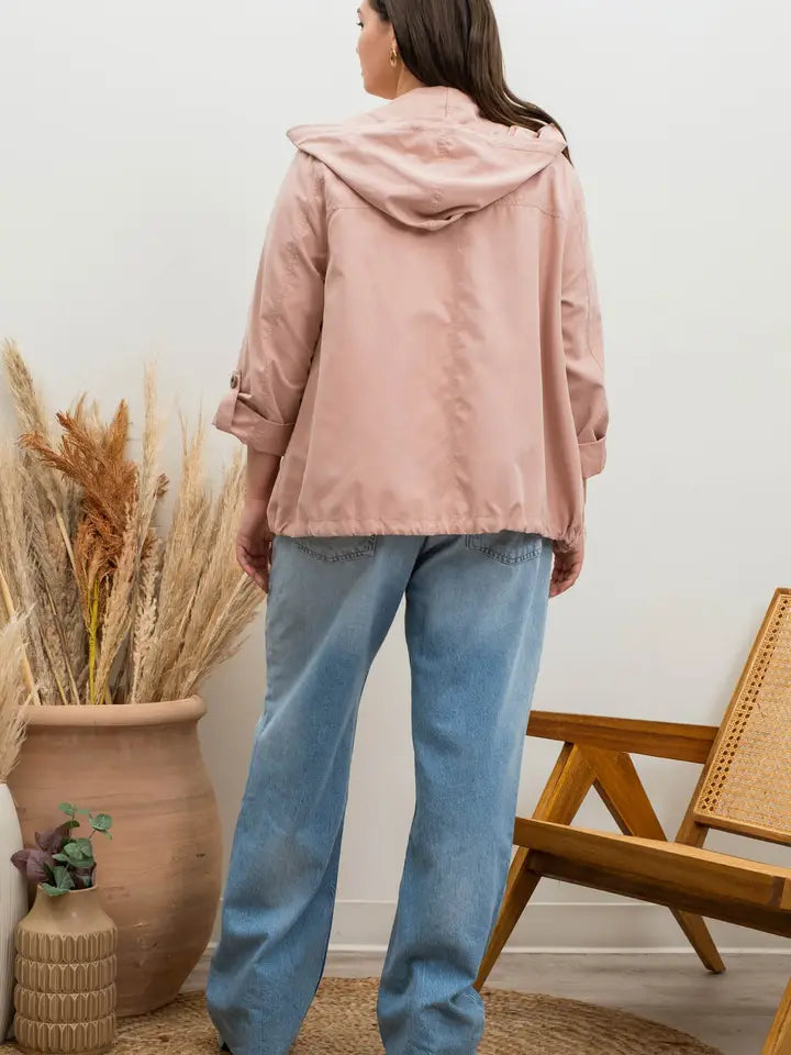 Snap Button Zip Up Hooded Jacket