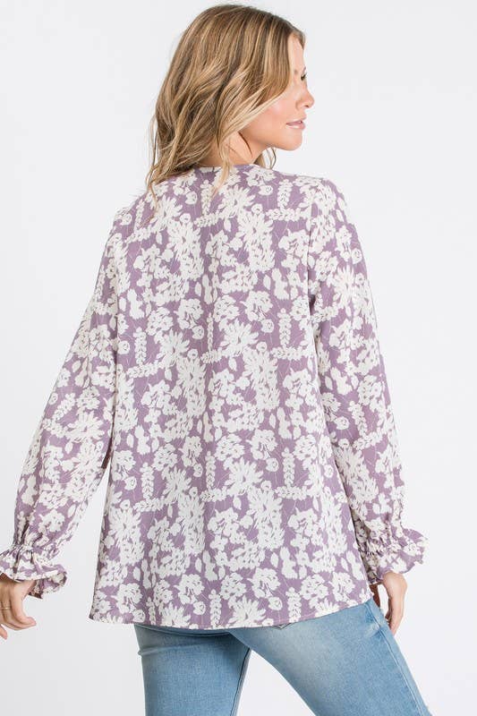 Lilac Floral Tie Neck Blouse