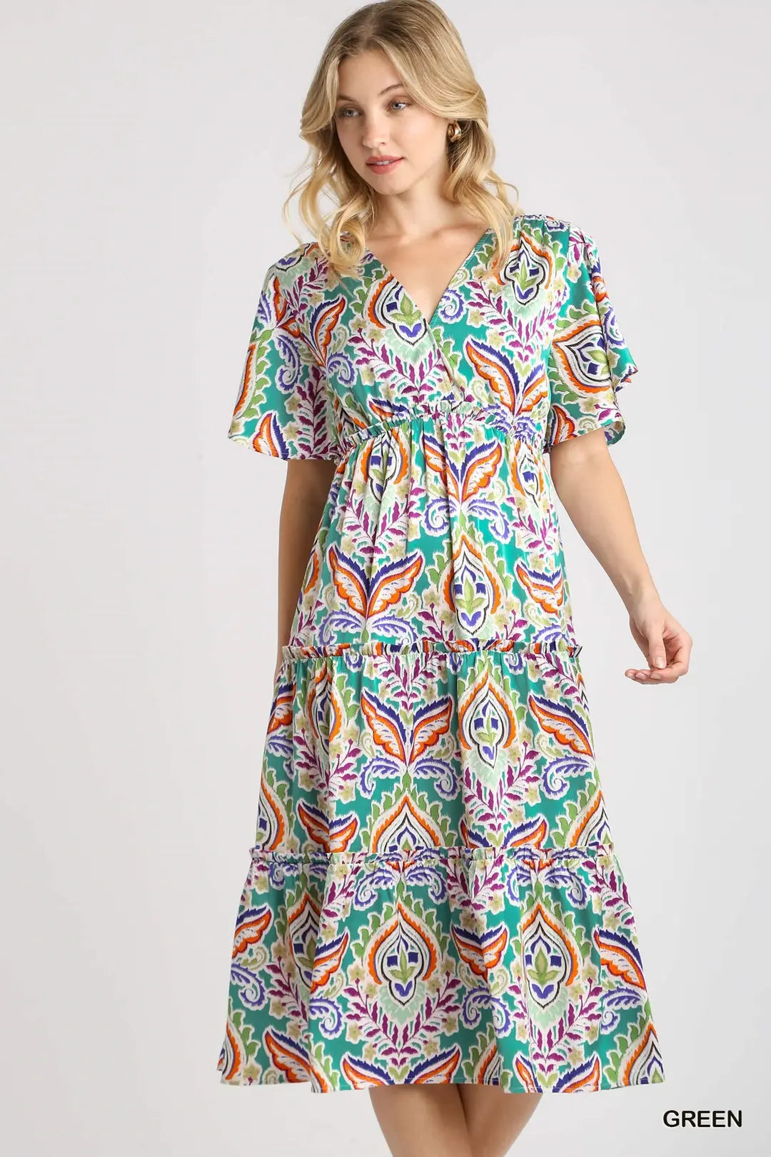 Satin Paisley Ruffle Trim Tiered A-Line Midi Dress