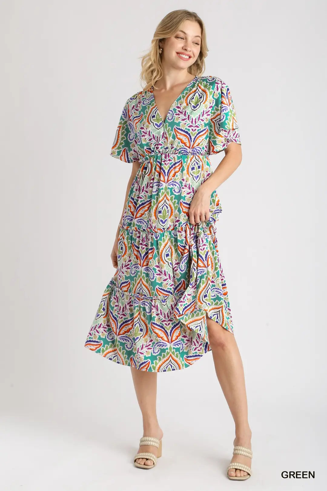 Satin Paisley Ruffle Trim Tiered A-Line Midi Dress