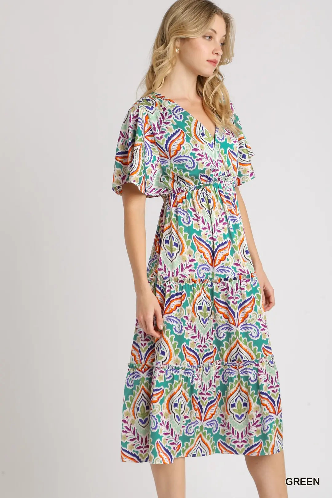 Satin Paisley Ruffle Trim Tiered A-Line Midi Dress