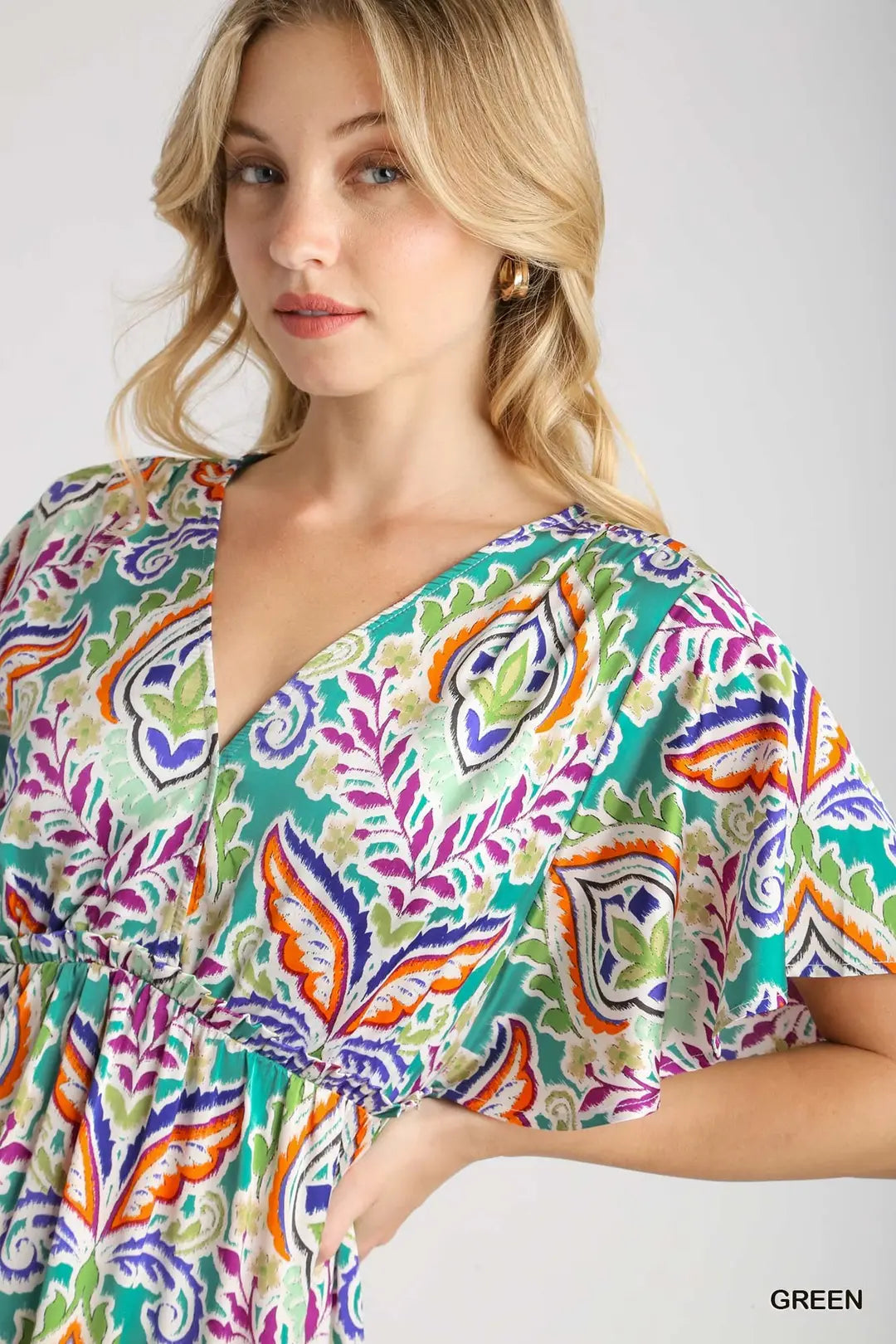 Satin Paisley Ruffle Trim Tiered A-Line Midi Dress