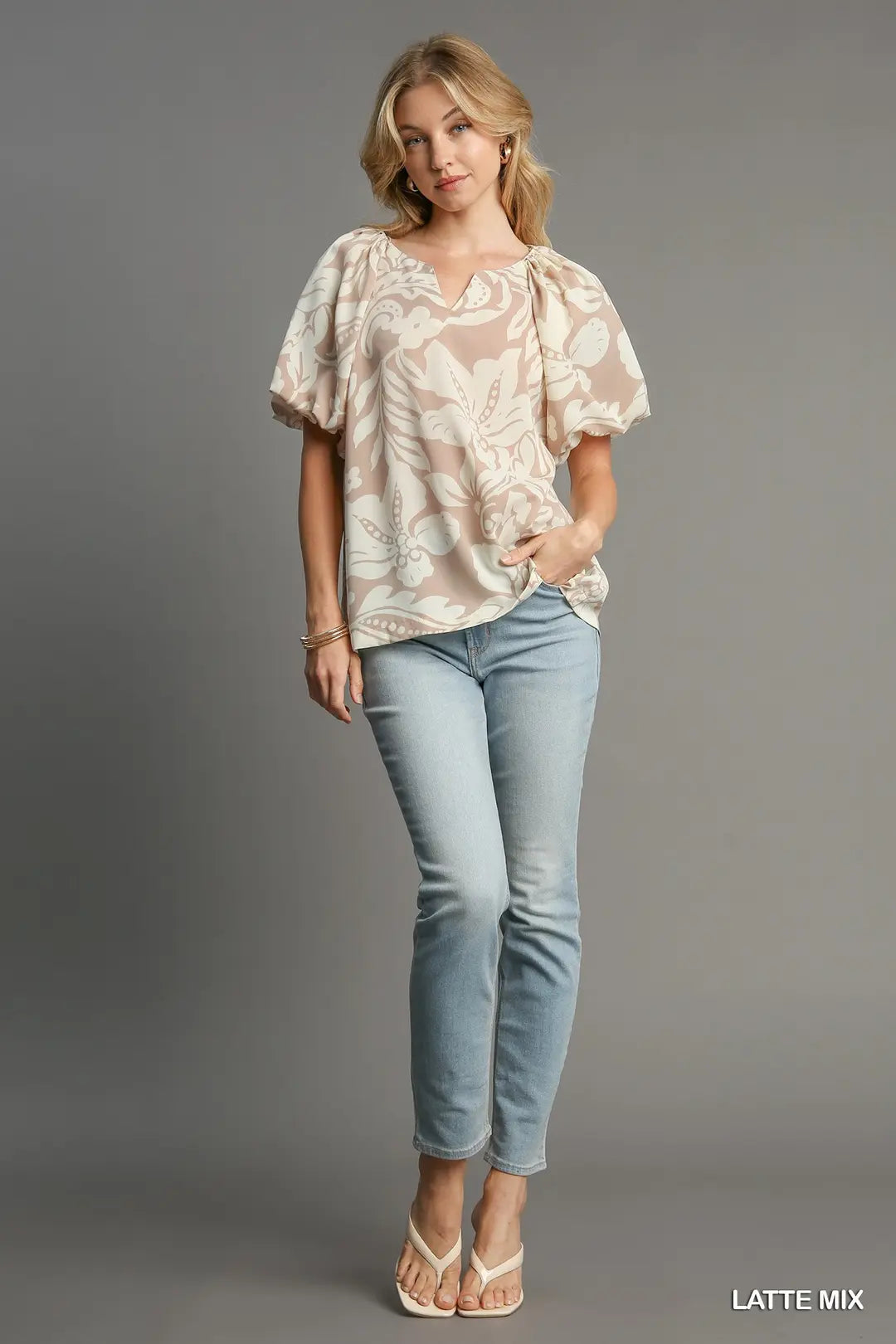 Split Neck Floral Print Balloon Sleeve Top