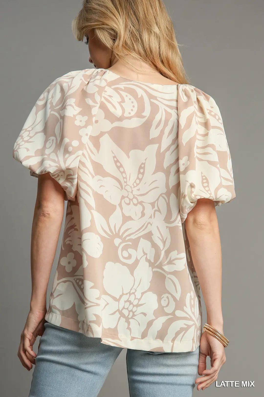 Split Neck Floral Print Balloon Sleeve Top
