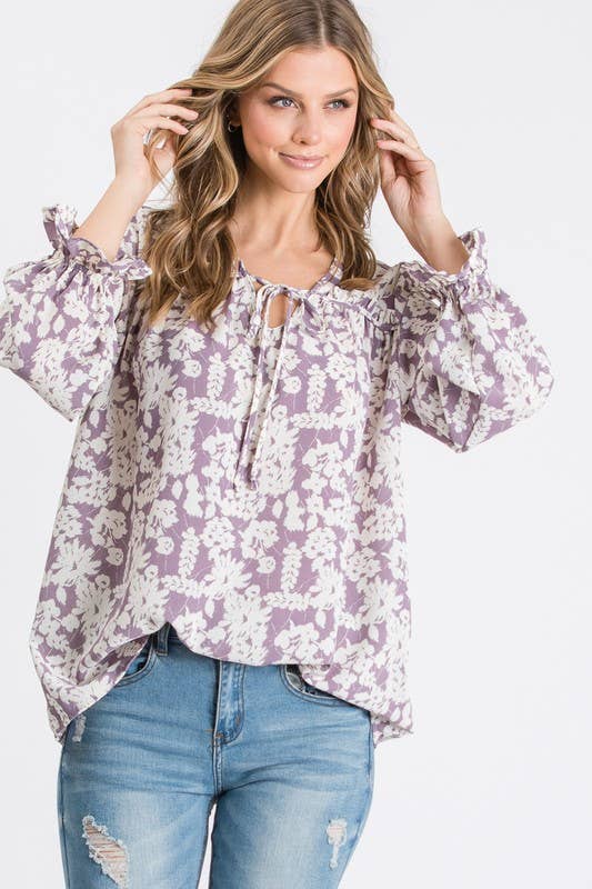 Lilac Floral Tie Neck Blouse