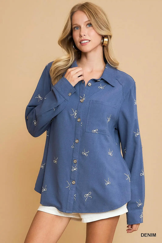 Bow Embroidered Linen Blend Fitted Shirt