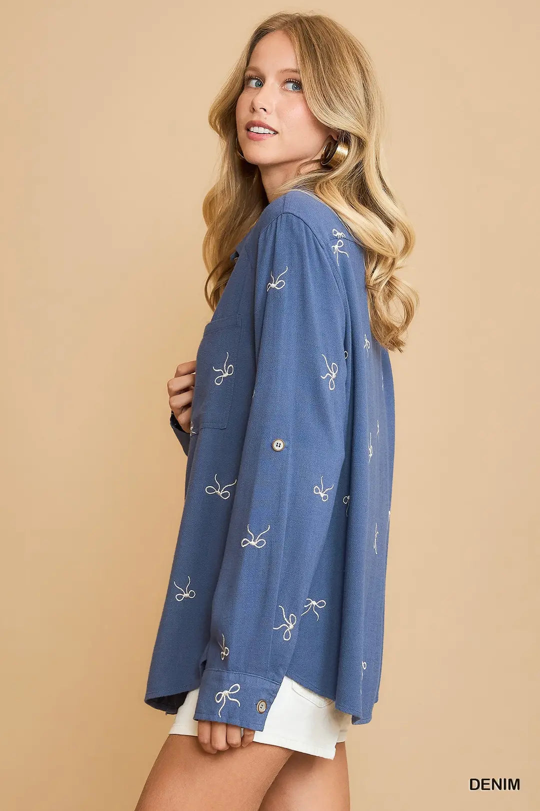 Bow Embroidered Linen Blend Fitted Shirt