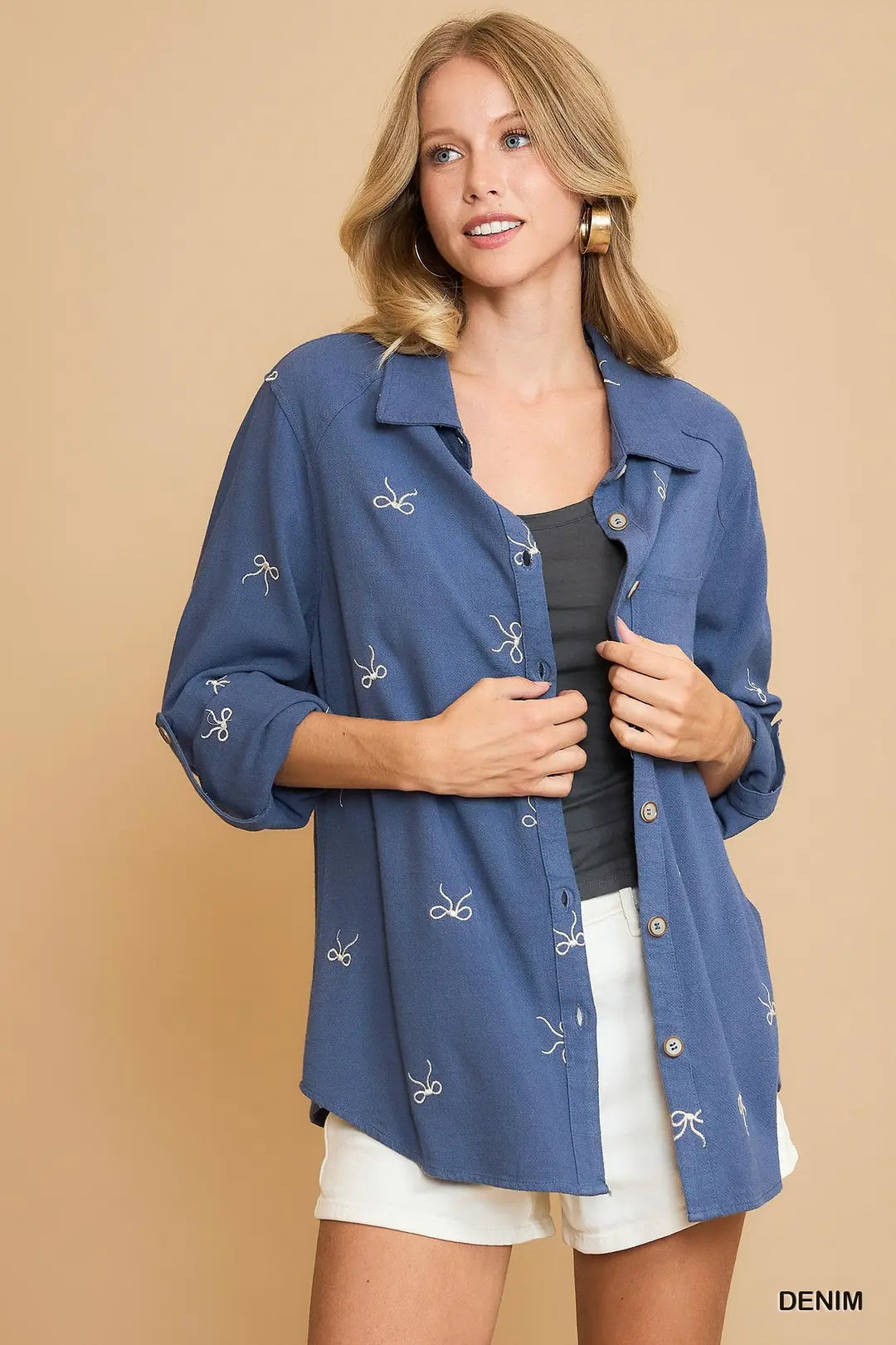 Bow Embroidered Linen Blend Fitted Shirt