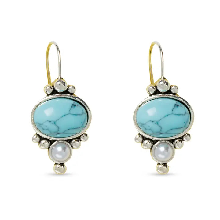Silver Stone and Pearl Design Drop Earrings