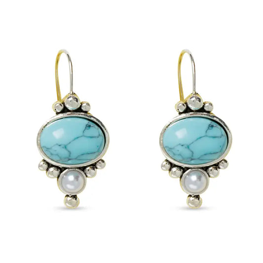 Silver Stone and Pearl Design Drop Earrings