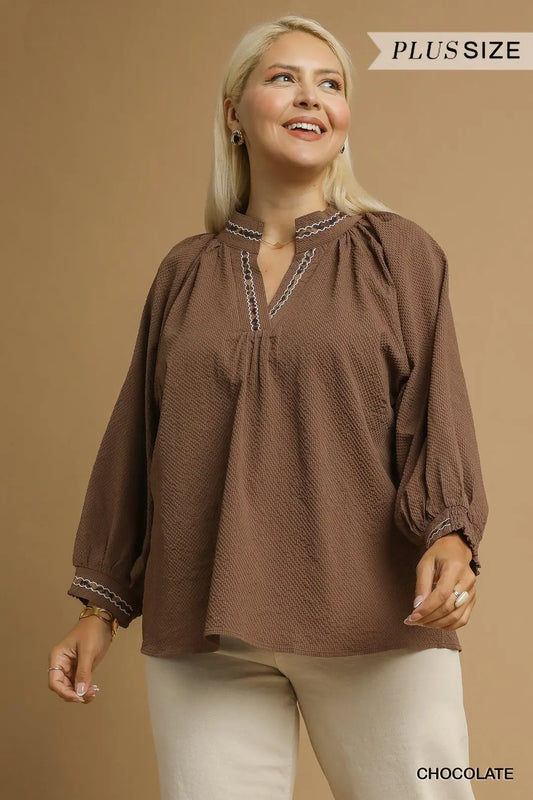 Puff Sleeves V Neck Collared Top