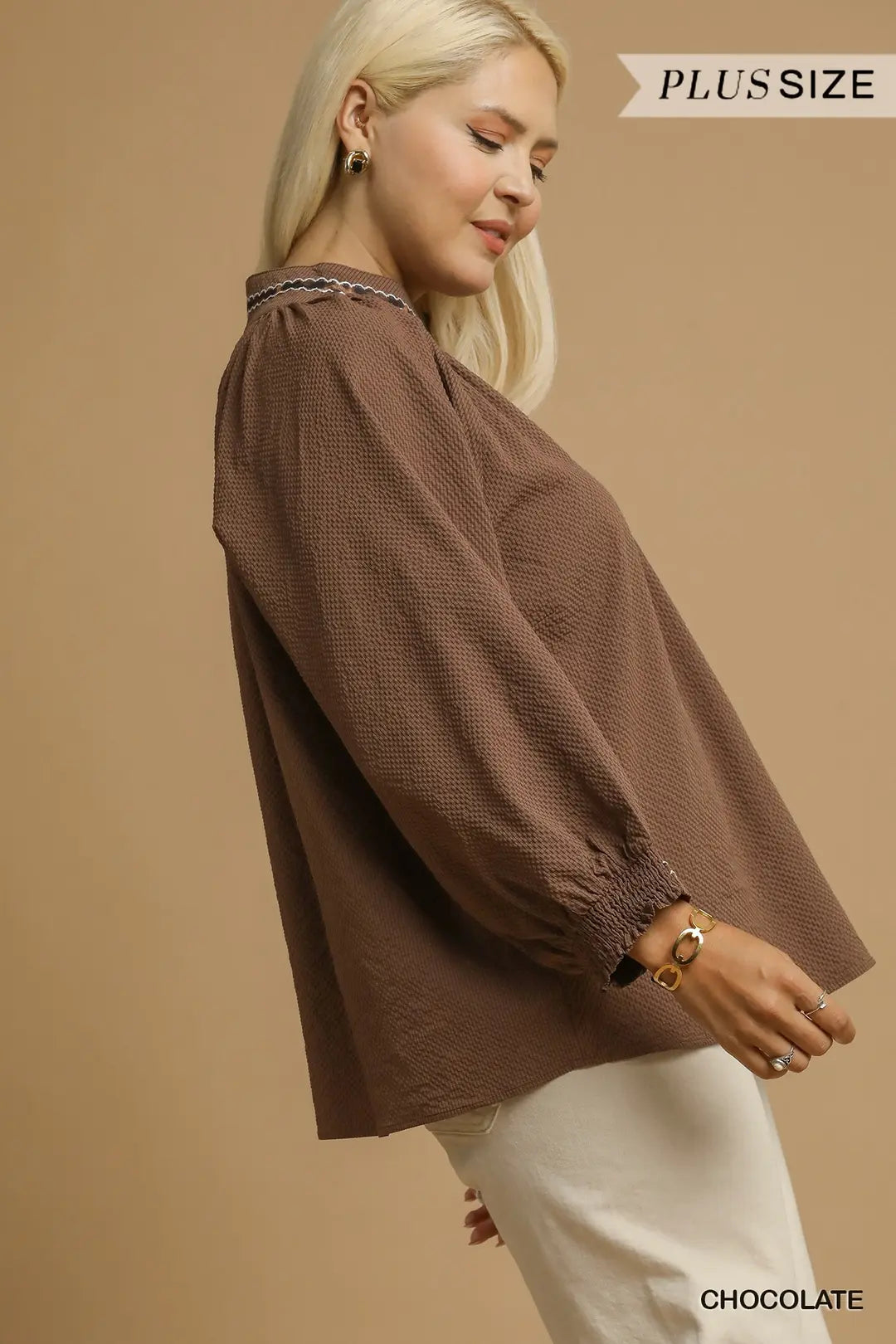 Puff Sleeves V Neck Collared Top