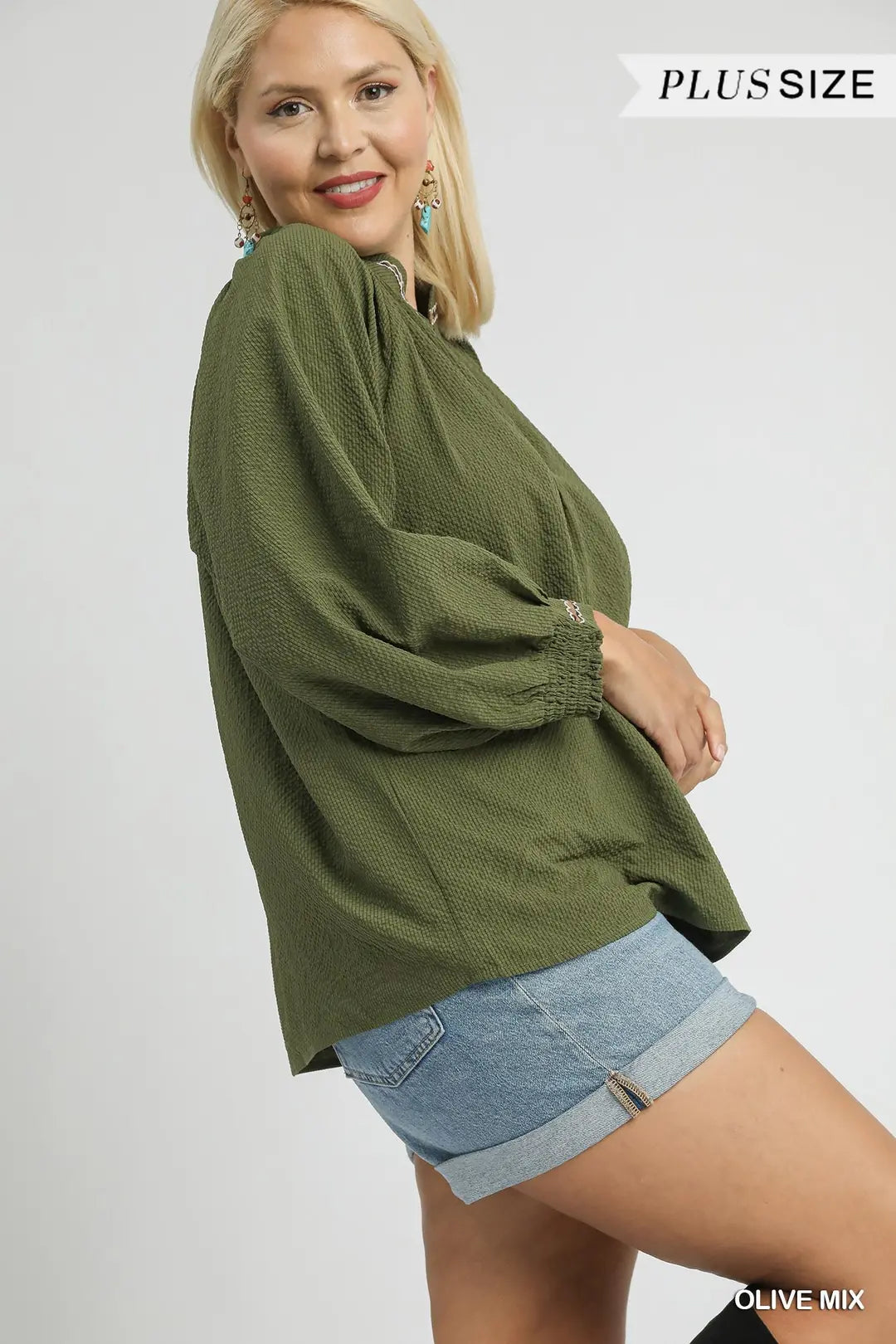 Puff Sleeves V Neck Collared Top