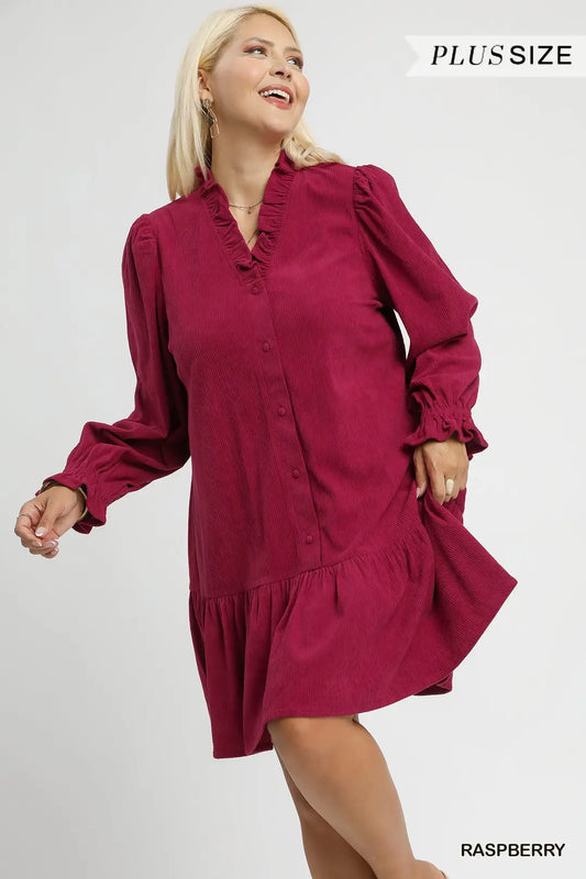 Corduroy Ruffle Trim Babydoll Dress