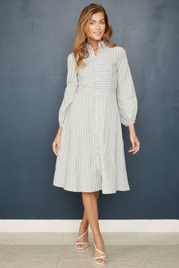 Button Down Stripe Fit & Flare Dress