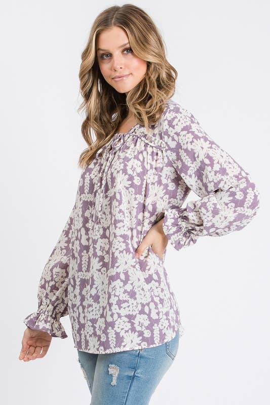 Lilac Floral Tie Neck Blouse