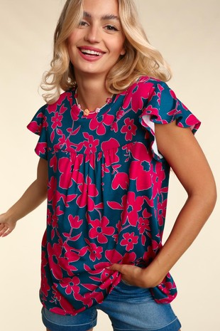 Ruffle Short Sleeve Floral Print Knit Top