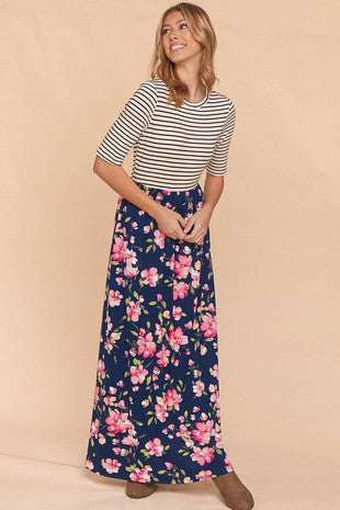 Stripe and Floral Fit and Flare Maxi Knit Dress