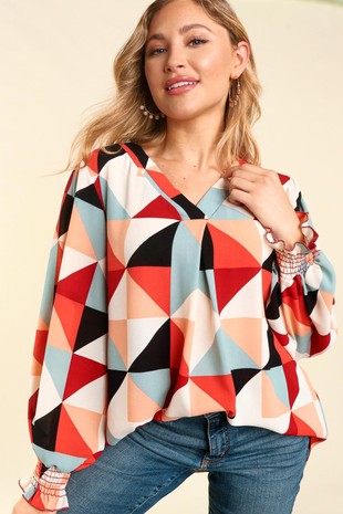 Smocked Bubble Long Sleeve Geometric Top